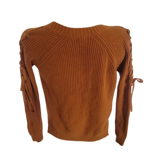 Guess Womens S Mustard Knit Sweater With Lace-Up Sleeves V-Neck Stylish Fall War - Picture 3 of 6